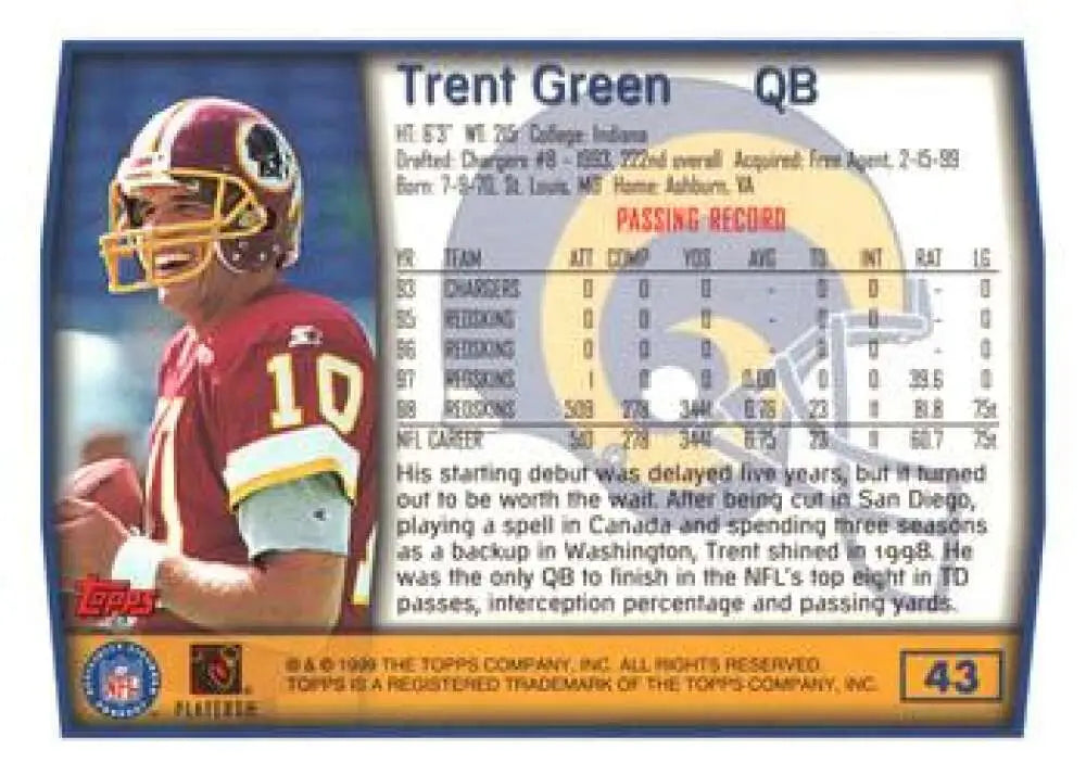 1999 Topps #43 Trent Green EX Excellent St. Louis Rams Football Card - Football Card Single