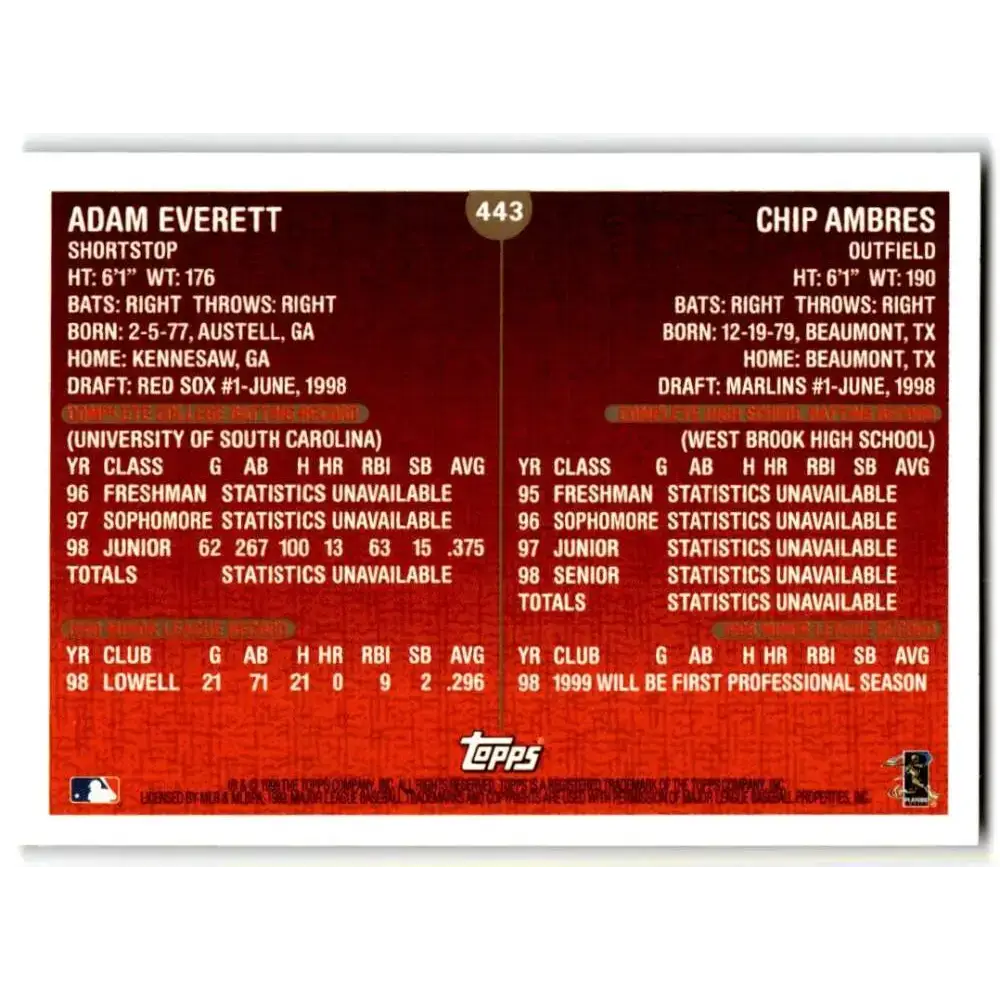 1999 Topps #443 Adam Everett/Chip Ambres NM-MT RC Rookie Boston Red Sox/Florida Marlins Baseball Card - Baseball Card