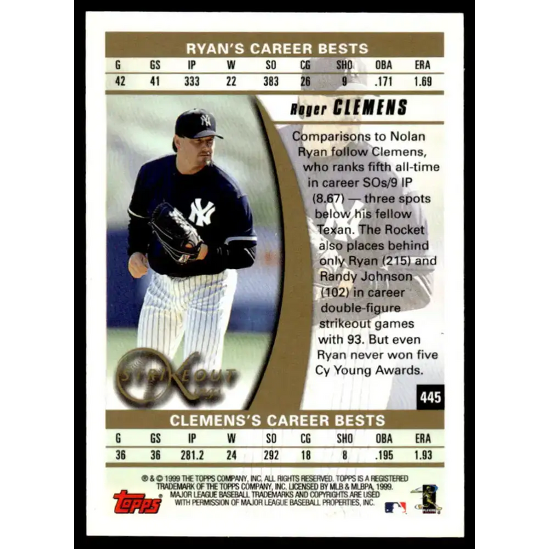 1999 Topps #445 Roger Clemens EX/NM New York Yankees Baseball Card - Baseball Card Single