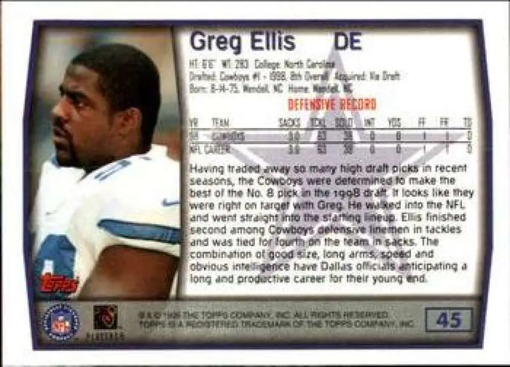 1999 Topps #45 Greg Ellis EX Excellent Dallas Cowboys Football Card - Football Card Single