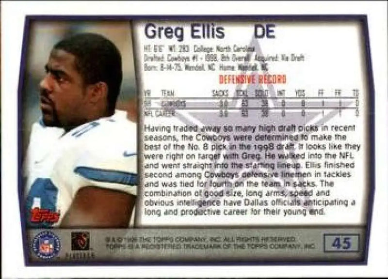 1999 Topps #45 Greg Ellis EX Excellent Dallas Cowboys Football Card - Football Card Single
