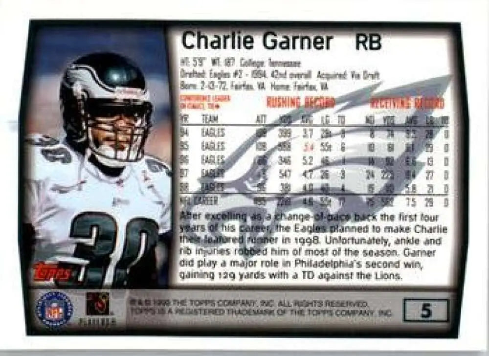 1999 Topps #5 Charlie Garner EX Excellent Philadelphia Eagles Football Card - Football Card Single