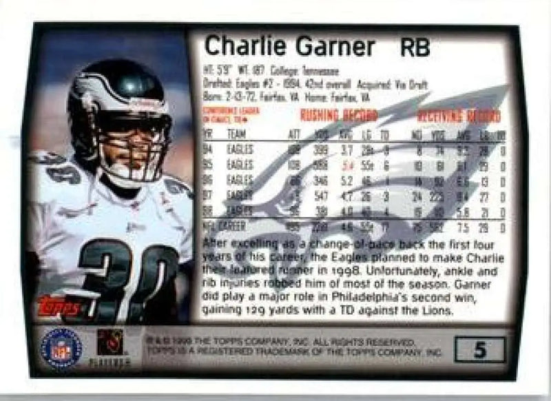 1999 Topps #5 Charlie Garner EX Excellent Philadelphia Eagles Football Card - Football Card Single