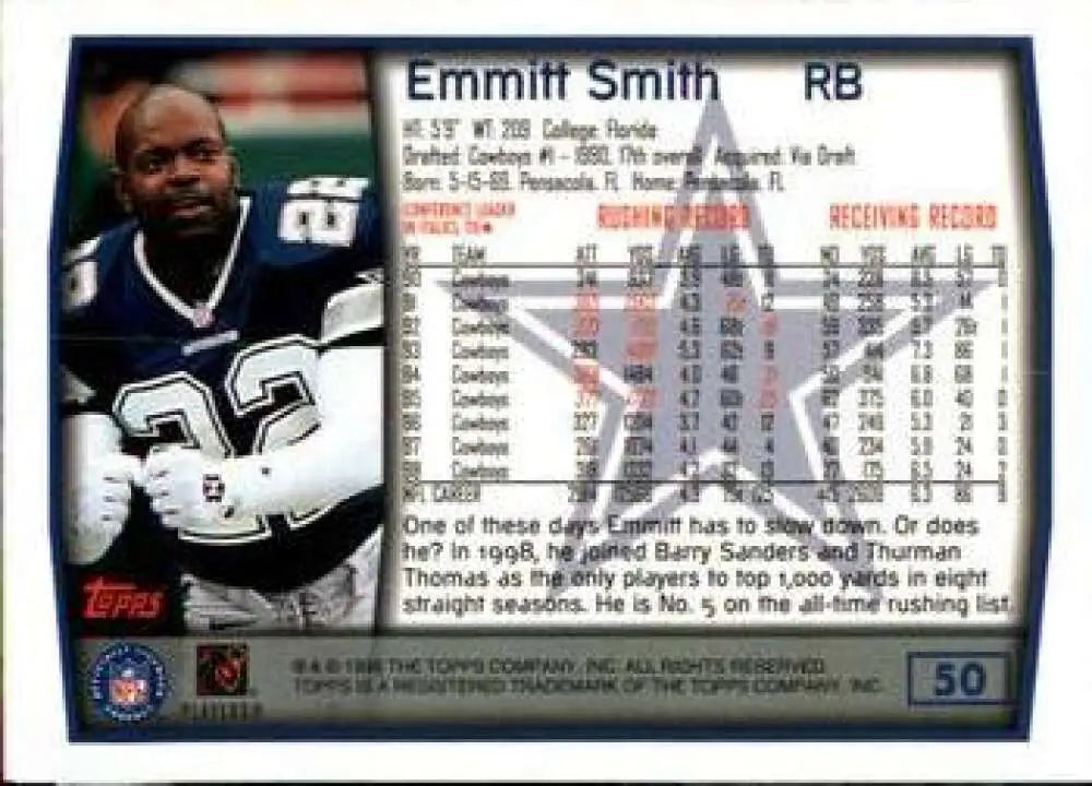 1999 Topps #50 Emmitt Smith EX Excellent Dallas Cowboys Football Card - Football Card Single