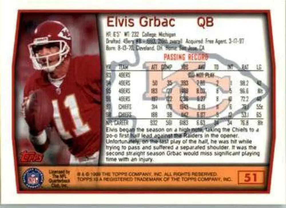 1999 Topps #51 Elvis Grbac EX Excellent Kansas City Chiefs Football Card - Football Card Single