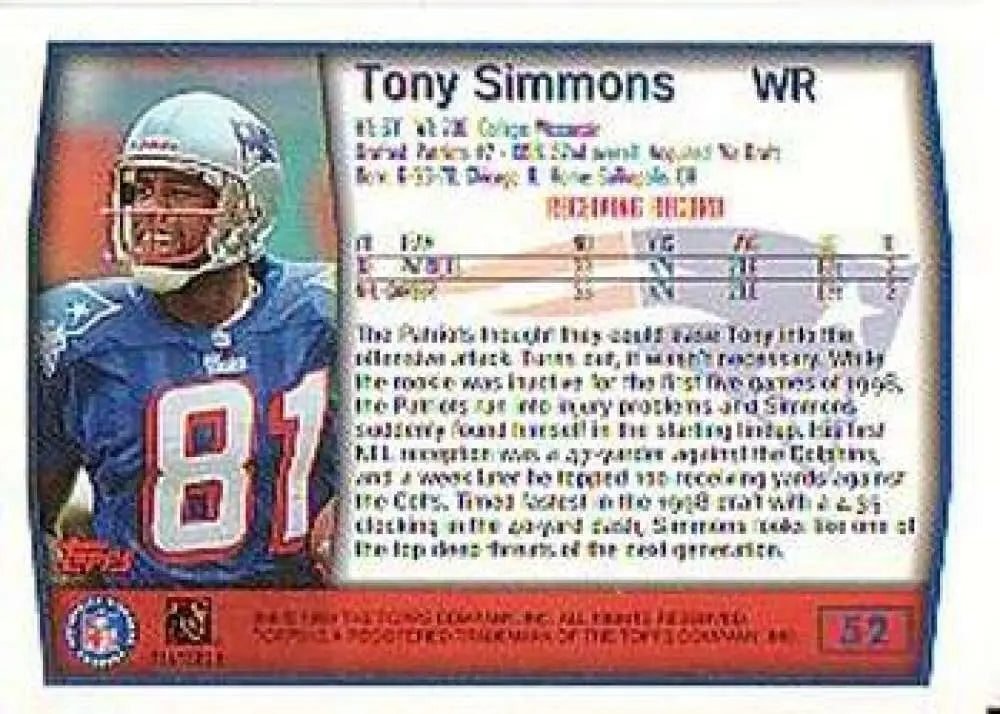1999 Topps #52 Tony Simmons EX Excellent New England Patriots Football Card - Football Card Single