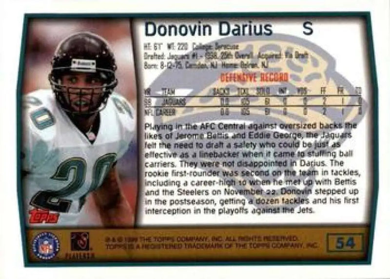 1999 Topps #54 Donovin Darius EX Excellent Jacksonville Jaguars Football Card - Football Card Single