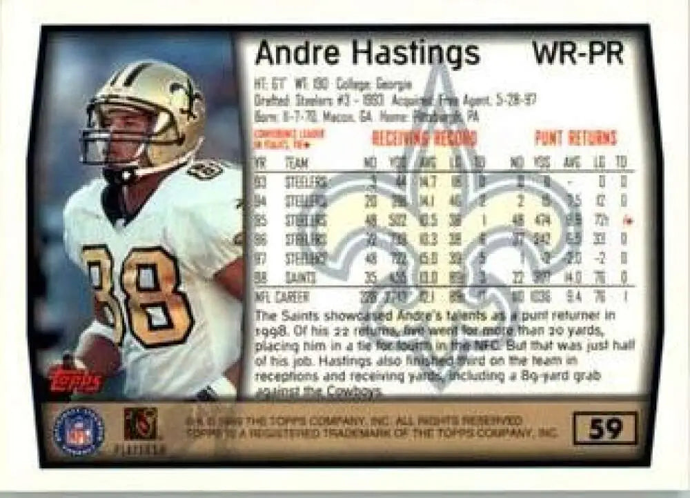 1999 Topps #59 Andre Hastings EX Excellent New Orleans Saints Football Card - Football Card Single