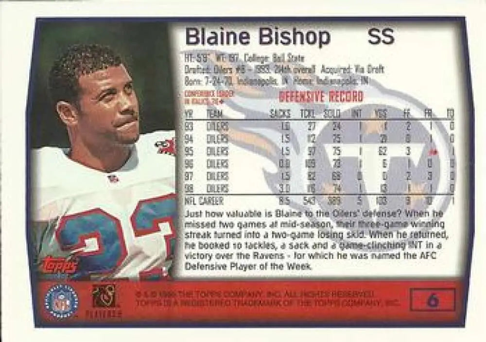 1999 Topps #6 Blaine Bishop EX Excellent Tennessee Titans Football Card - Football Card Single