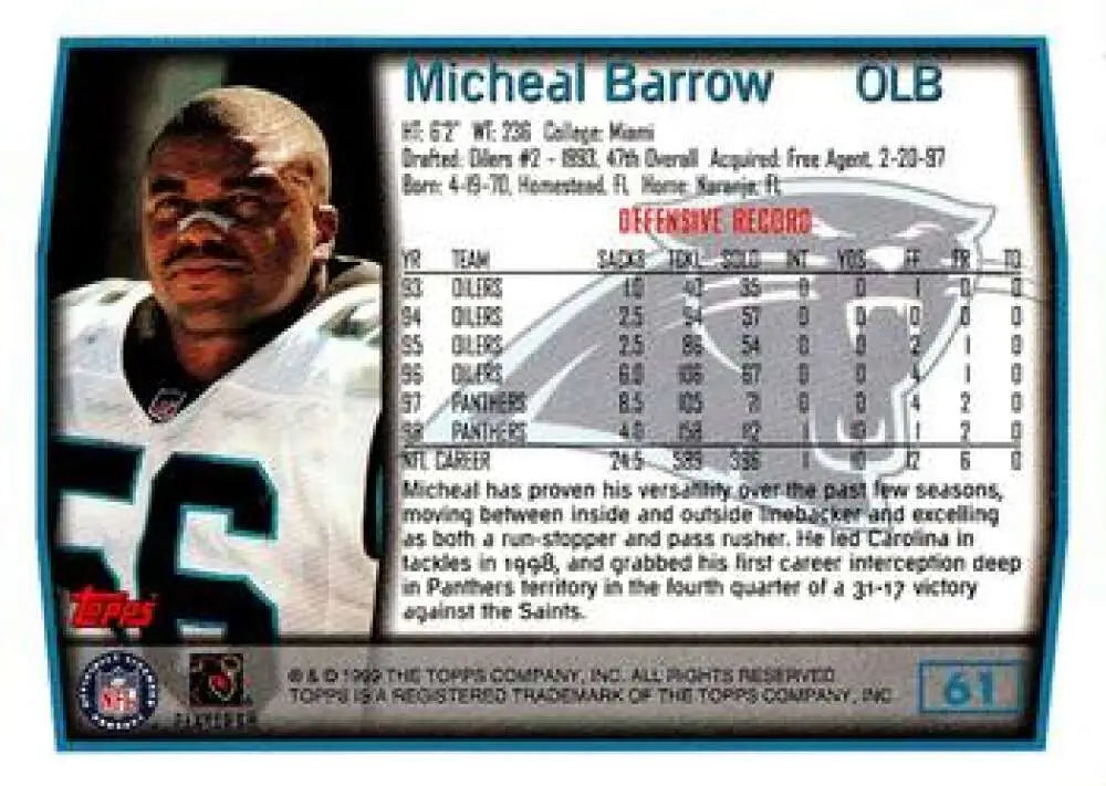 1999 Topps #61 Micheal Barrow EX Excellent Carolina Panthers Football Card - Football Card Single