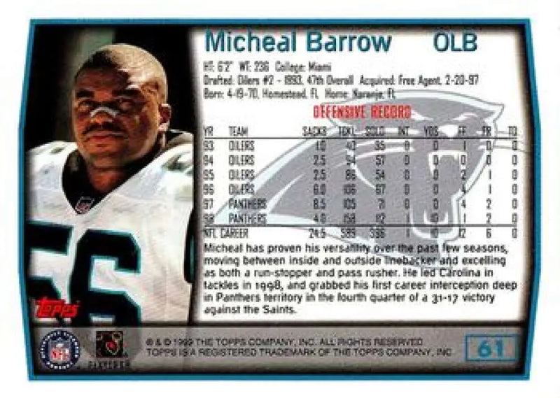 1999 Topps #61 Micheal Barrow EX Excellent Carolina Panthers Football Card - Football Card Single