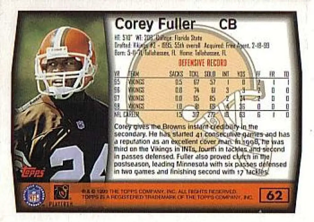1999 Topps #62 Corey Fuller EX Excellent Cleveland Browns Football Card - Football Card Single