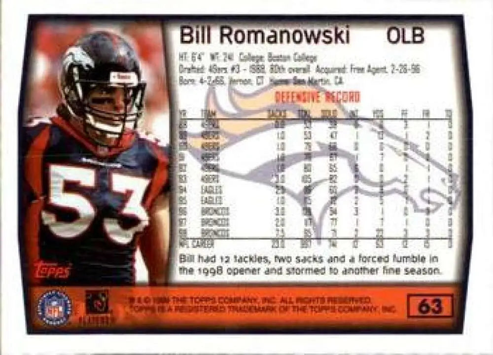 1999 Topps #63 Bill Romanowski EX Excellent Denver Broncos Football Card - Football Card Single