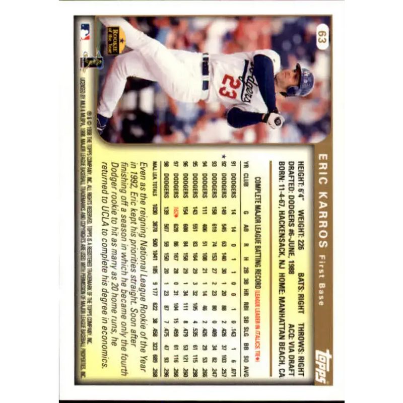 1999 Topps #63 Eric Karros NM-MT Los Angeles Dodgers Baseball Card - Baseball Card Single