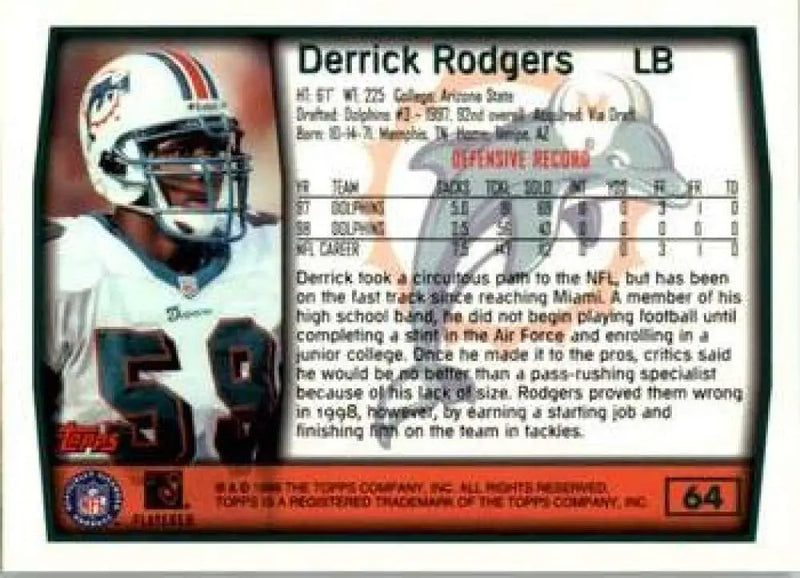 1999 Topps #64 Derrick Rodgers EX Excellent Miami Dolphins Football Card - Football Card Single