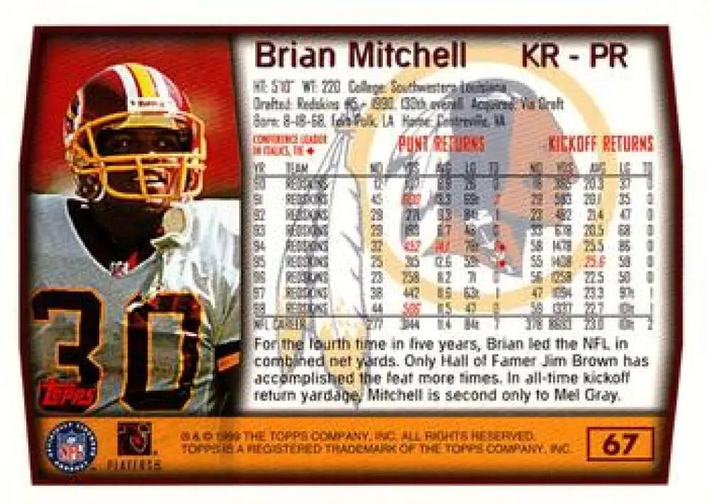 1999 Topps #67 Brian Mitchell EX Excellent Washington Redskins Football Card - Football Card Single