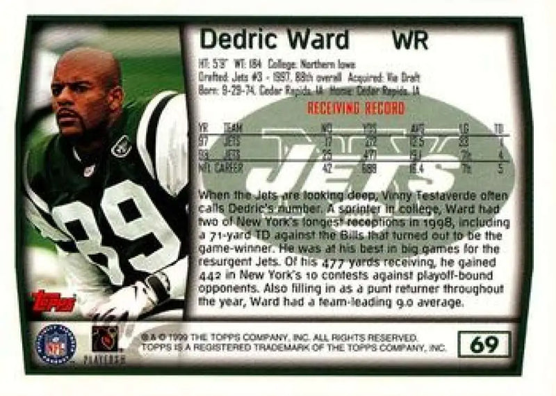 1999 Topps #69 Dedric Ward EX Excellent New York Jets Football Card - Football Card Single