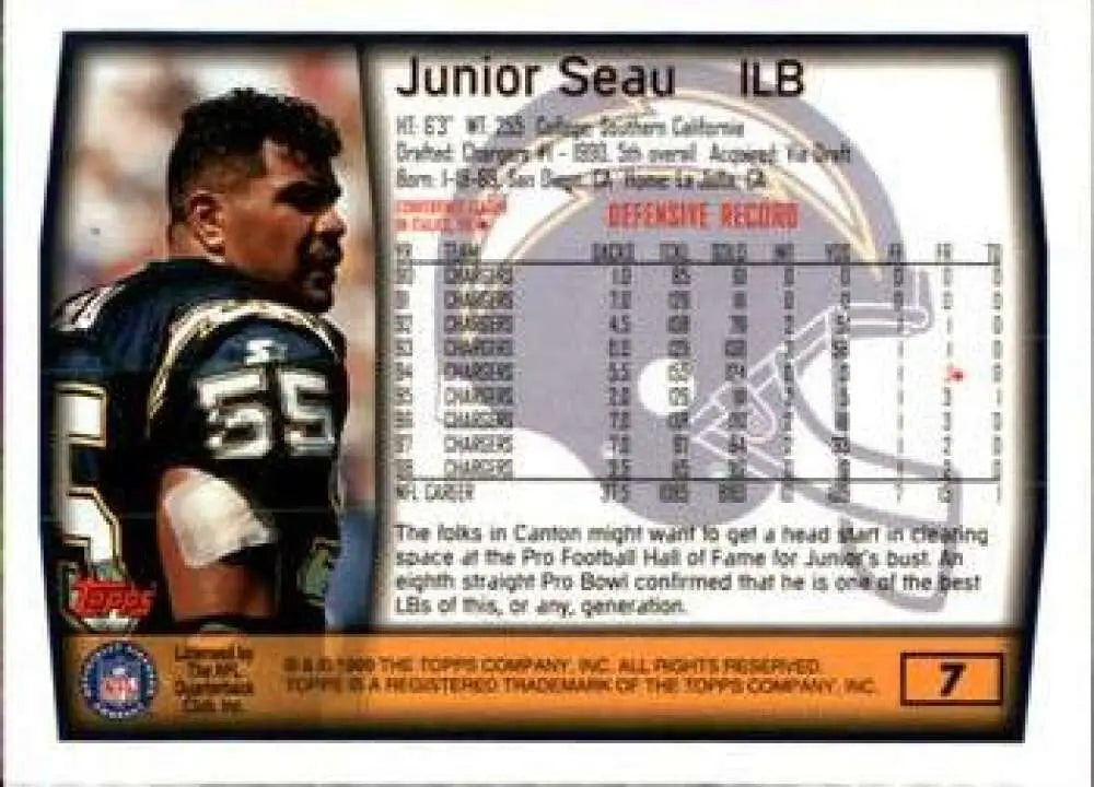 1999 Topps #7 Junior Seau EX Excellent San Diego Chargers Football Card - Football Card Single