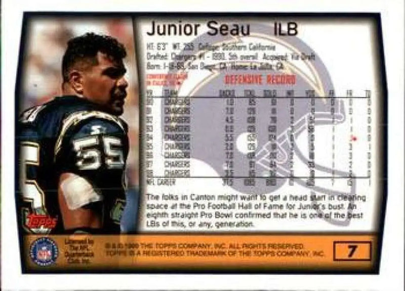 1999 Topps #7 Junior Seau EX Excellent San Diego Chargers Football Card - Football Card Single