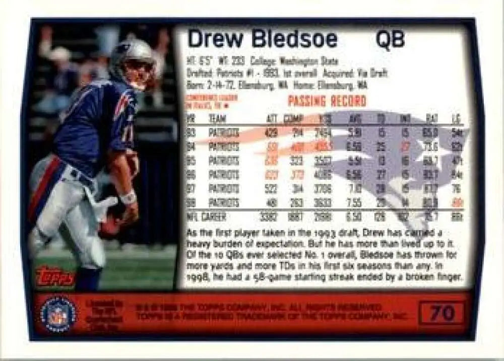 1999 Topps #70 Drew Bledsoe EX Excellent New England Patriots Football Card - Football Card Single
