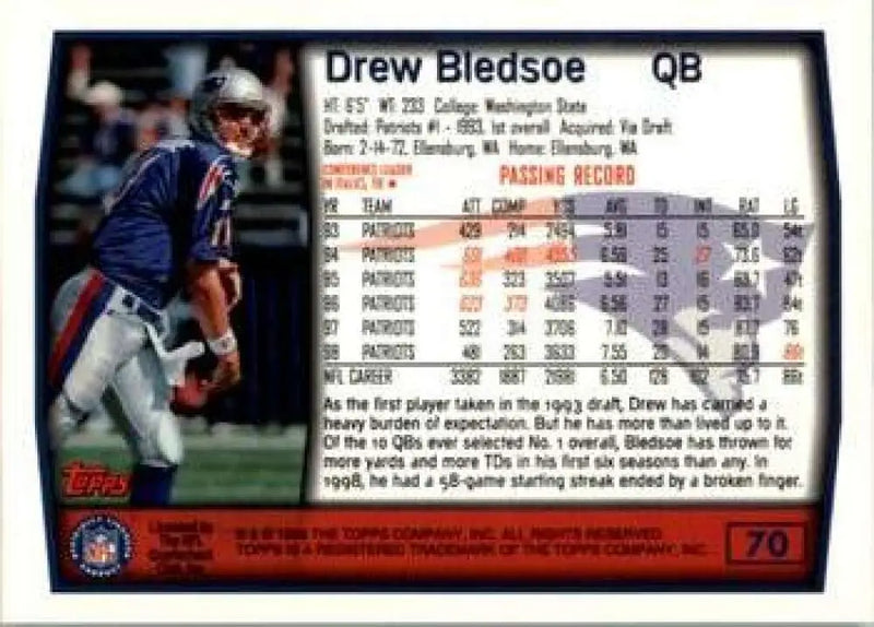 1999 Topps #70 Drew Bledsoe EX Excellent New England Patriots Football Card - Football Card Single
