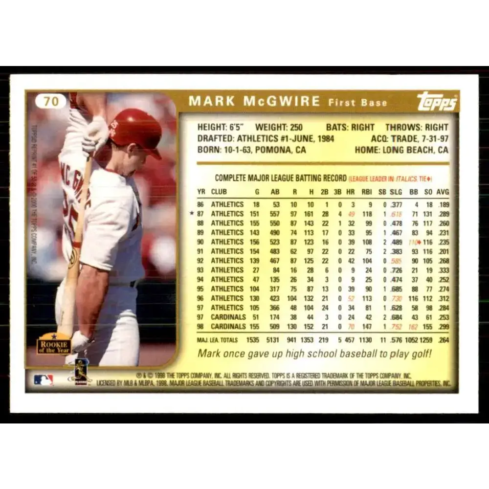 1999 Topps #70 Mark McGwire NM-MT St. Louis Cardinals Baseball Card - Baseball Card Single