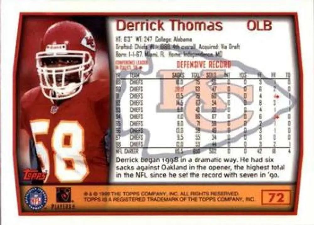 1999 Topps #72 Derrick Thomas EX Excellent Kansas City Chiefs Football Card - Football Card Single