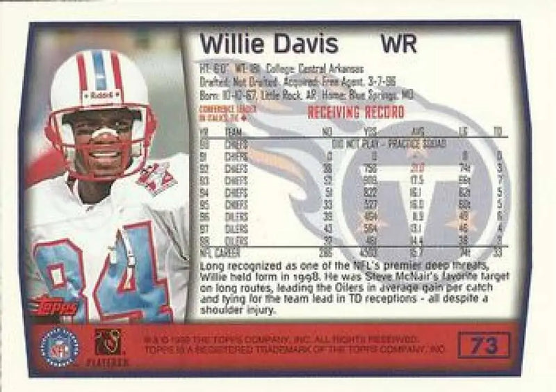 1999 Topps #73 Willie Davis EX Excellent Tennessee Titans Football Card - Football Card Single