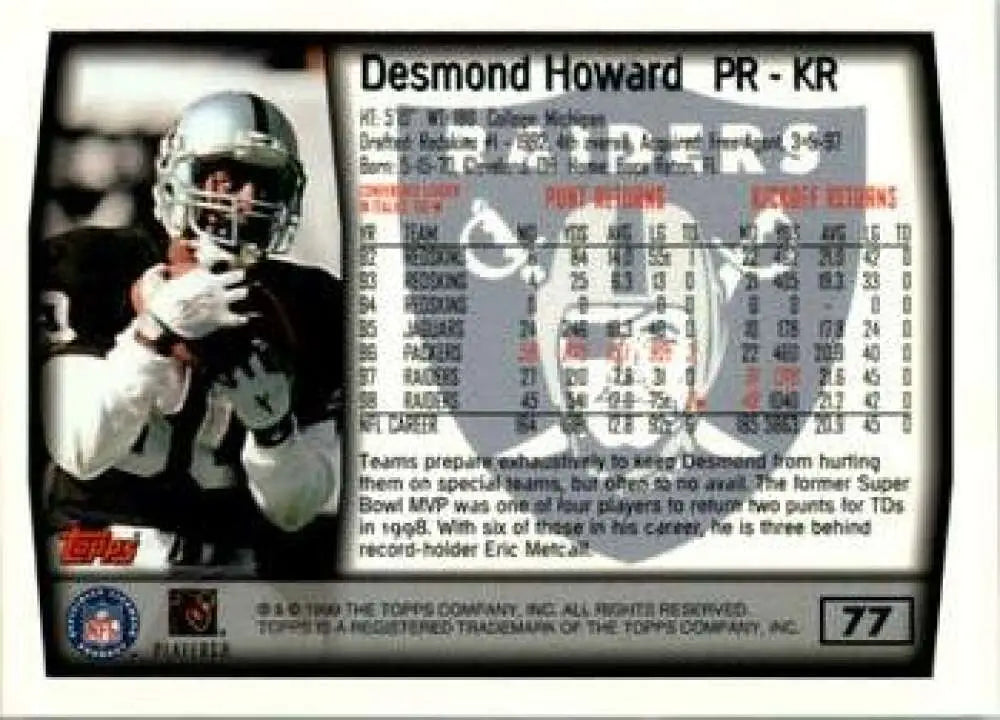 1999 Topps #77 Desmond Howard EX Excellent Oakland Raiders Football Card - Football Card Single