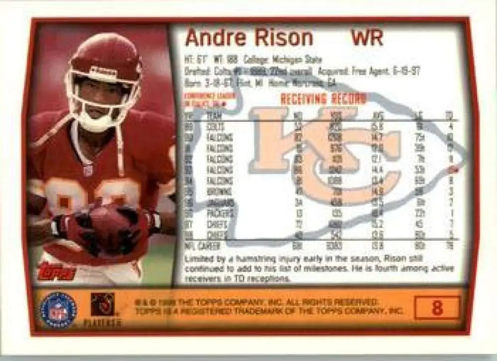 1999 Topps #8 Andre Rison EX Excellent Kansas City Chiefs Football Card - Football Card Single