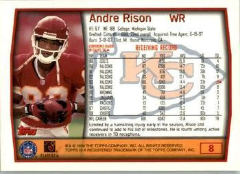 1999 Topps #8 Andre Rison EX Excellent Kansas City Chiefs Football Card - Football Card Single