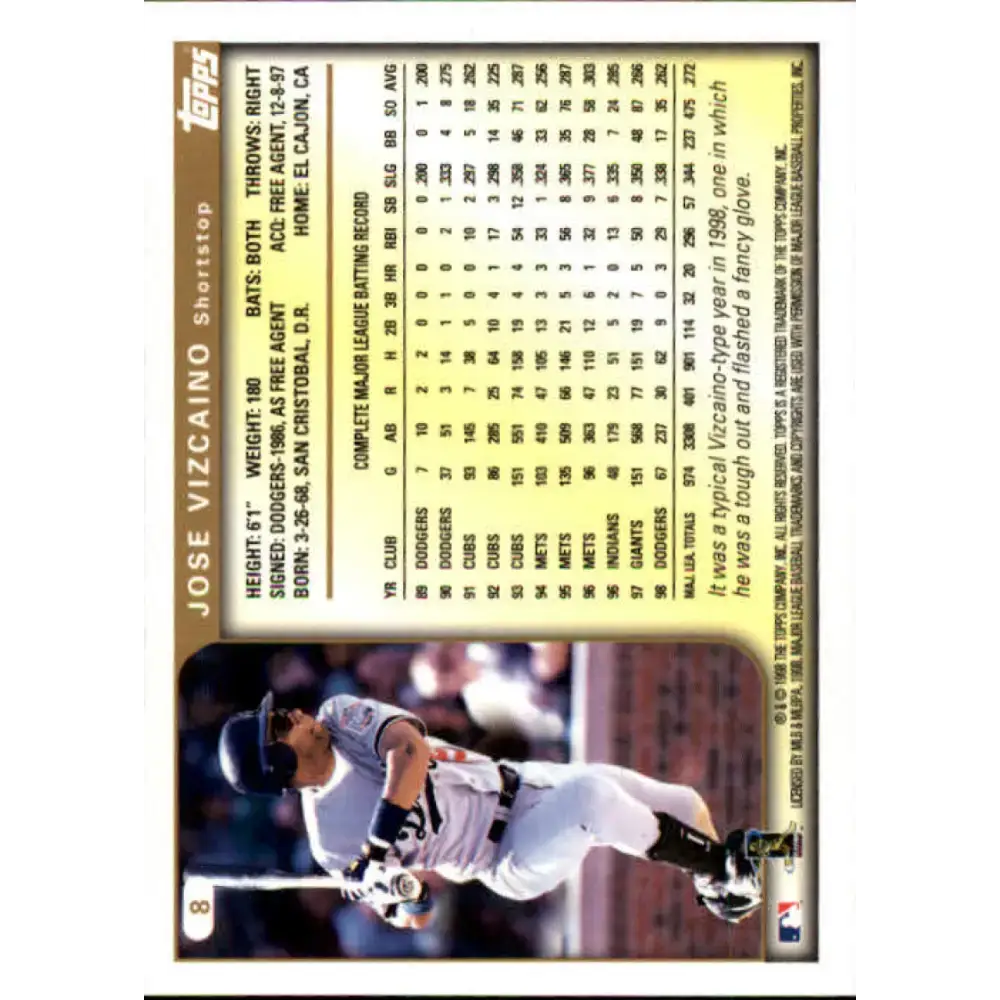 1999 Topps #8 Jose Vizcaino NM-MT Los Angeles Dodgers Baseball Card