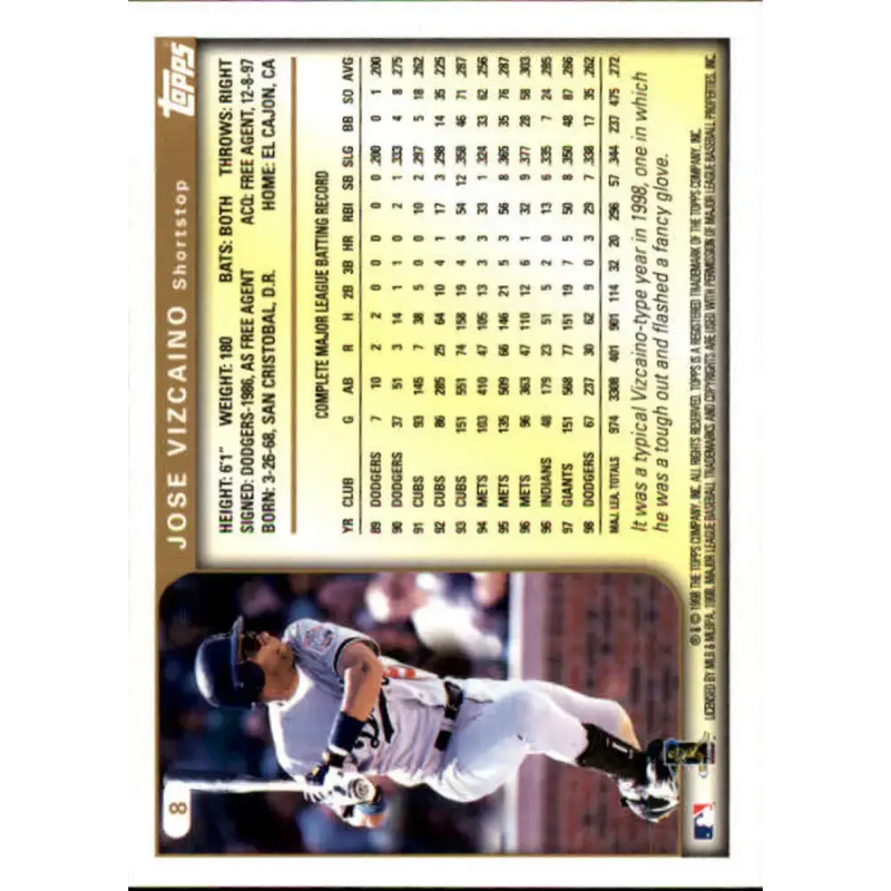 1999 Topps #8 Jose Vizcaino NM-MT Los Angeles Dodgers Baseball Card