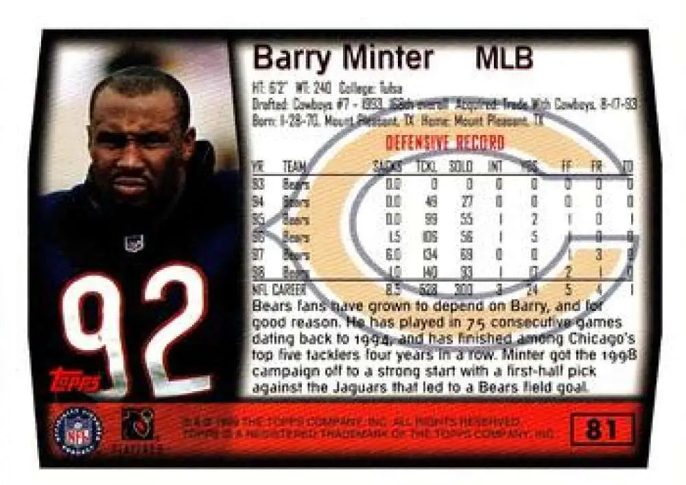 1999 Topps #81 Barry Minter EX Excellent Chicago Bears Football Card - Football Card Single