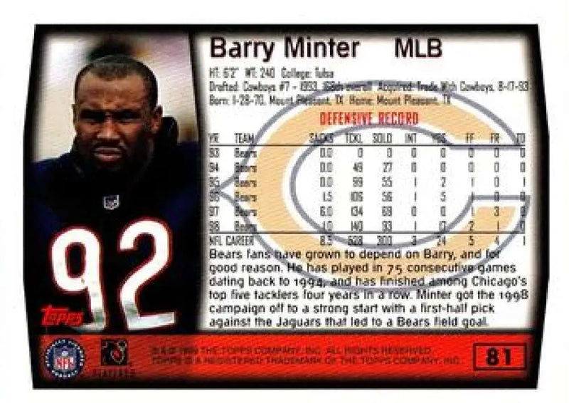 1999 Topps #81 Barry Minter EX Excellent Chicago Bears Football Card - Football Card Single