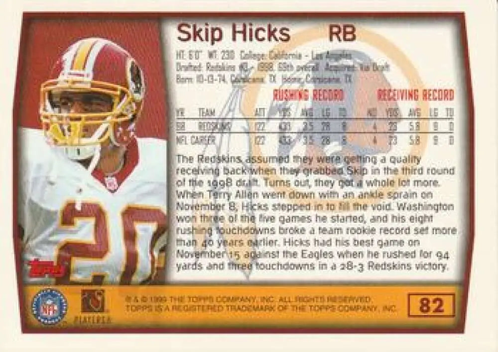 1999 Topps #82 Skip Hicks EX Excellent Washington Redskins Football Card - Football Card Single