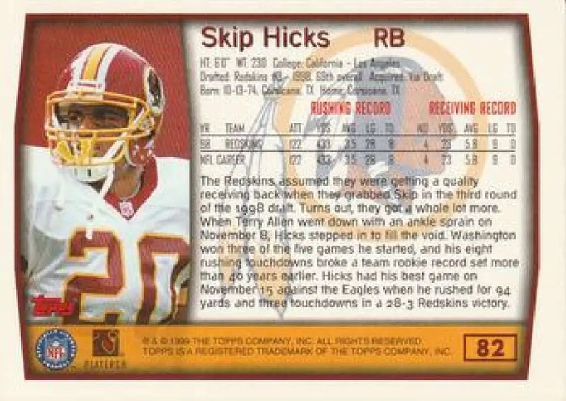 1999 Topps #82 Skip Hicks EX Excellent Washington Redskins Football Card - Football Card Single