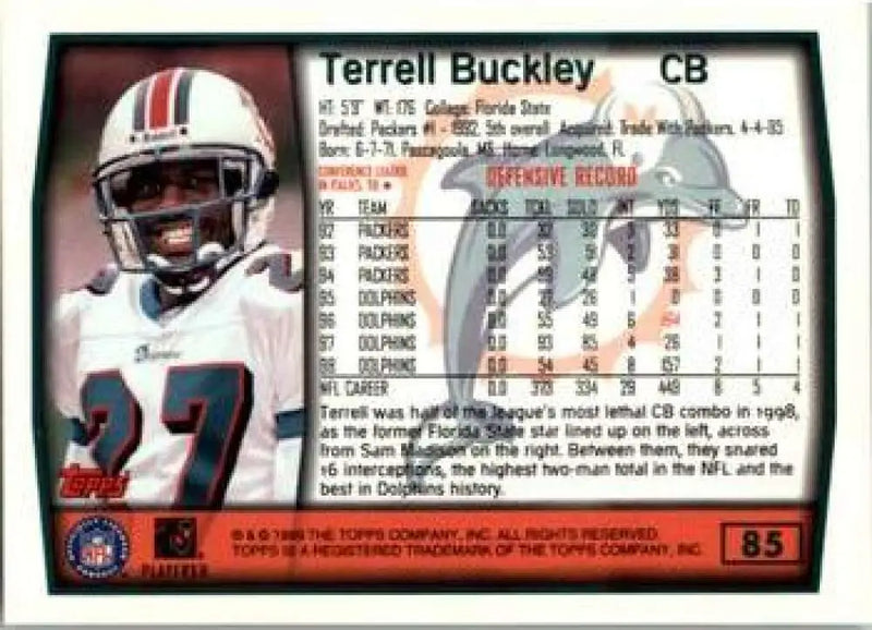 1999 Topps #85 Terrell Buckley EX Excellent Miami Dolphins Football Card - Football Card Single