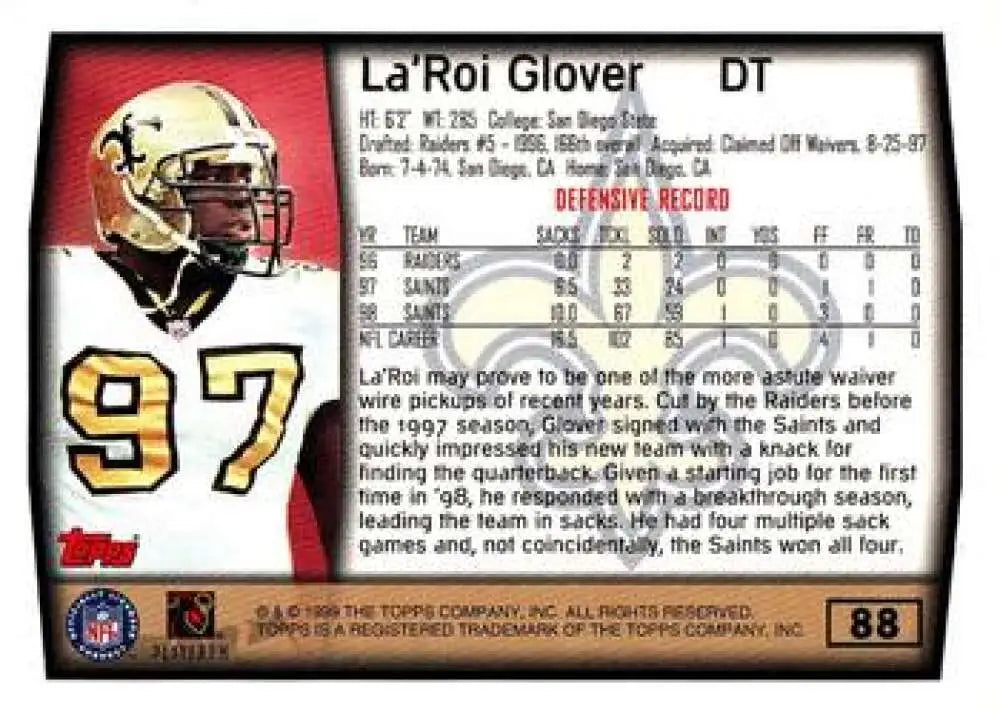 1999 Topps #88 La’Roi Glover EX Excellent RC Rookie New Orleans Saints Football Card - Football Card Single