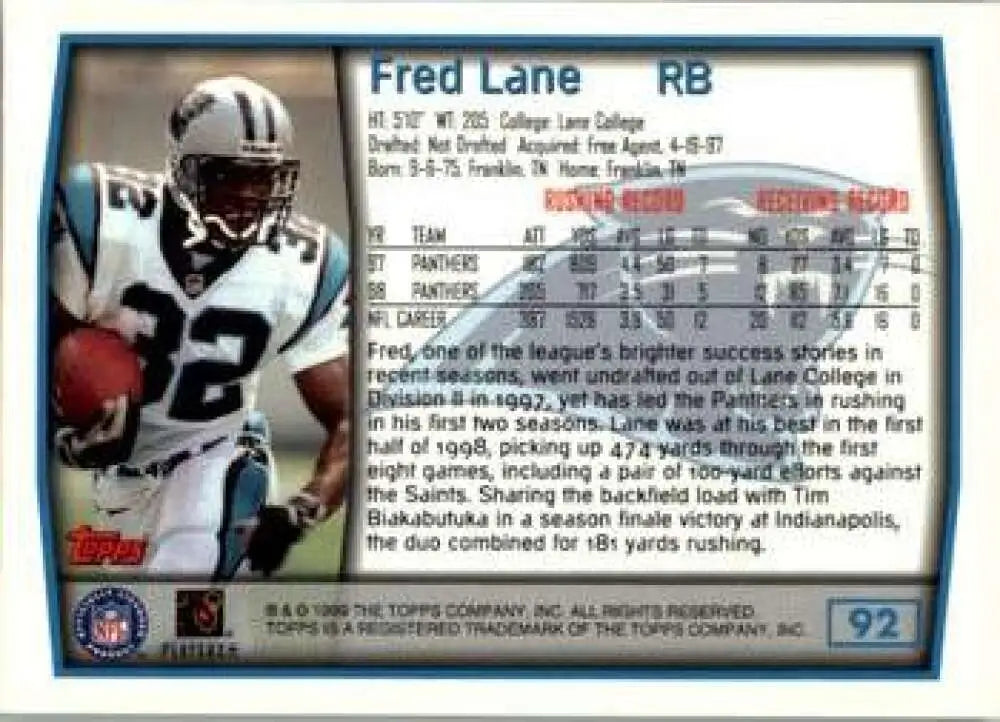 1999 Topps #92 Fred Lane EX Excellent Carolina Panthers Football Card - Football Card Single