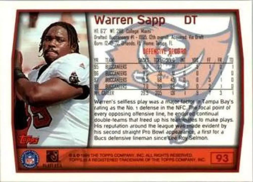 1999 Topps #93 Warren Sapp EX Excellent Tampa Bay Buccaneers Football Card - Football Card Single