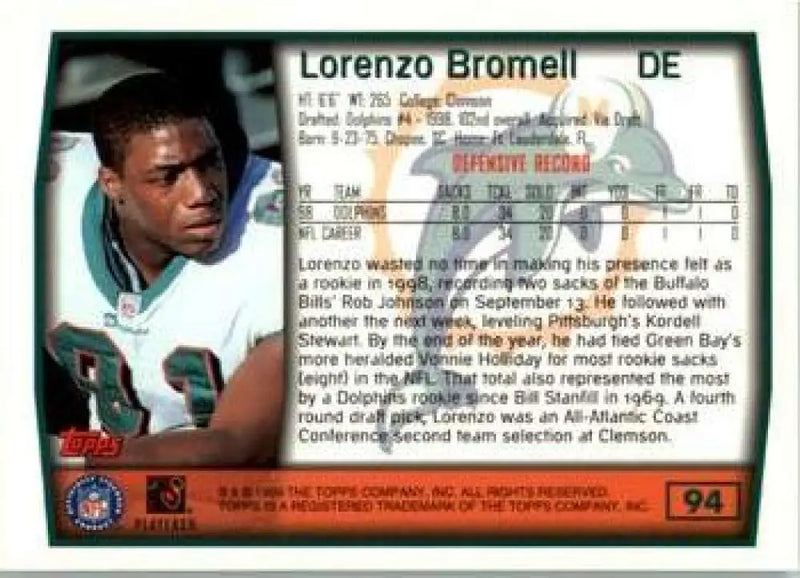 1999 Topps #94 Lorenzo Bromell EX Excellent RC Rookie Miami Dolphins Football Card - Football Card Single