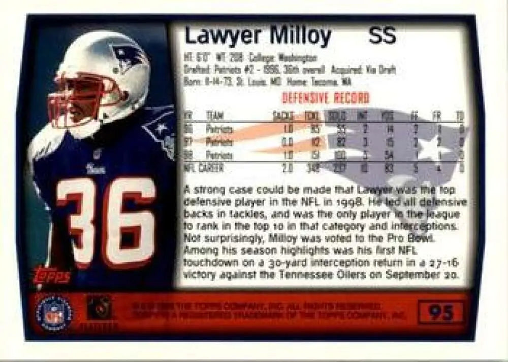 1999 Topps #95 Lawyer Milloy EX Excellent New England Patriots Football Card - Football Card Single