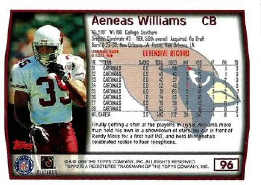 1999 Topps #96 Aeneas Williams EX Excellent Arizona Cardinals Football Card - Football Card Single