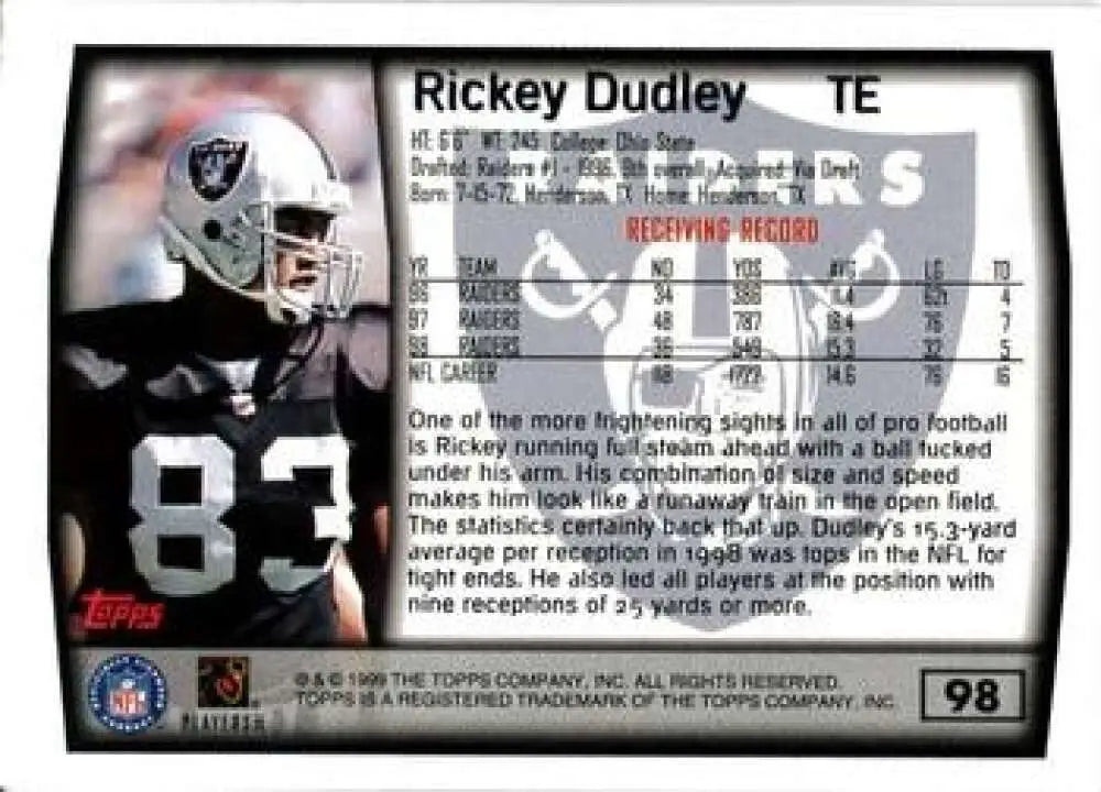 1999 Topps #98 Rickey Dudley EX Excellent Oakland Raiders Football Card - Football Card Single