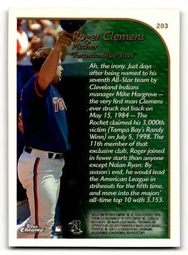 1999 Topps Chrome #203 Roger Clemens Toronto Blue Jays Baseball Card ID:63509 - Baseball Card Single