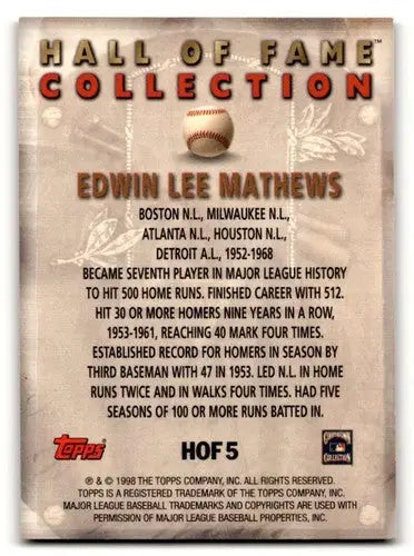 Original gloss 1999 Topps Hof5 Eddie Mathews Milwaukee Braves baseball card
