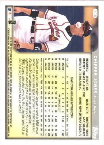 Original gloss of 1999 Topps Opening Day Chipper Jones baseball card displaying Braves