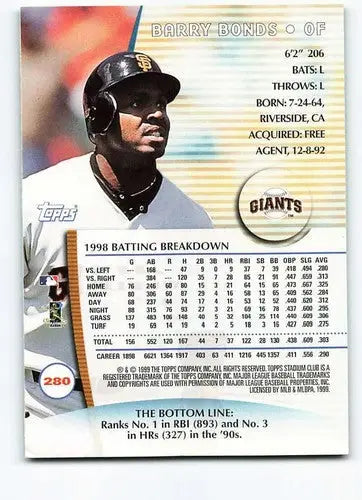 1999 Topps Stadium Club #280 Barry Bonds NM-MT Giants ID:59200 - Baseball Card Single