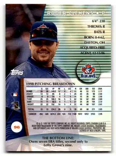 1999 Topps Stadium Club #96 Roger Clemens NM Near Mint Blue Jays ID:59052 - Baseball Card Single